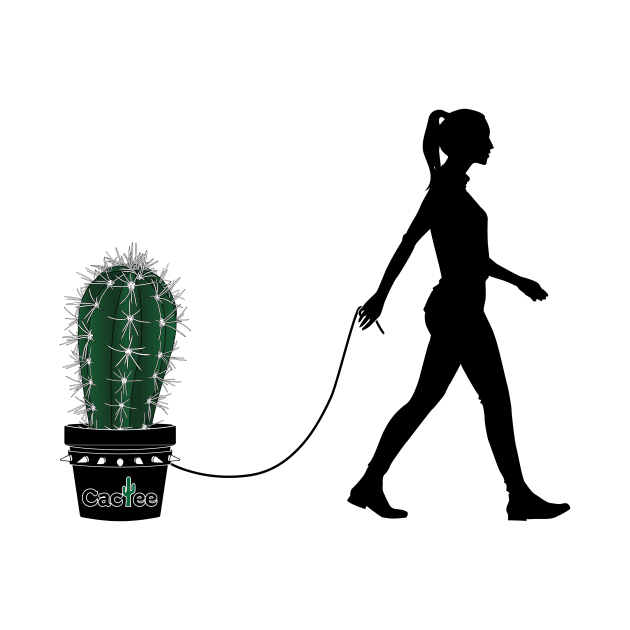 "Here Boy!" a woman taking a cactus for a walk by Cactee