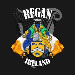 Regan Family Crest Ireland Coat of Arms and Irish Flags T-Shirt