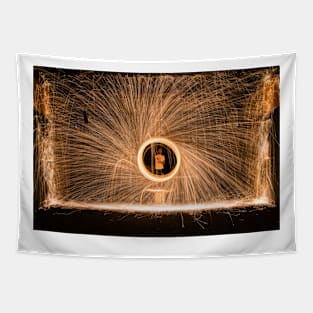 Yellow sparks in front of person in white top Tapestry