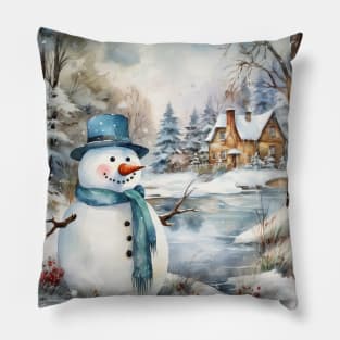 Snowman Log Cabin Winter Pillow