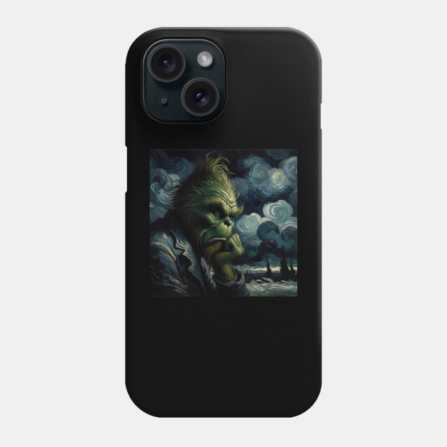 Whimsical Night: Mischievous Green Character - Starry Night Inspired Holiday Art Phone Case by Edd Paint Something