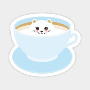 Cute Kawaii cat in blue cup of froth art coffee Magnet