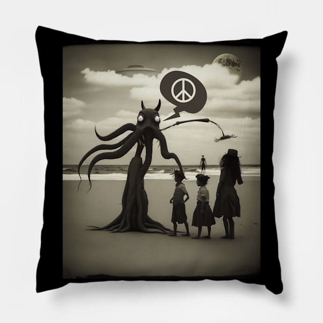 We Come In The Spirit Of Peace & Cooperation: Alien Invasion Pillow by Kye Chambers 