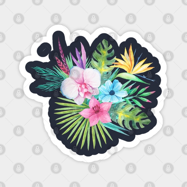 Tropical Flowers Floral Bouquet Blue Pink Magnet by TLSDesigns