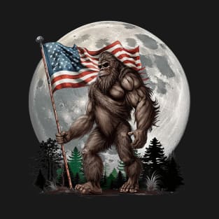 Bigfoot Sasquatch American Flag Full Moon Patriotic T-Shirt