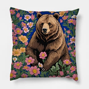 A Montana Bear Surrounded By Bitterroot Flowers Pillow