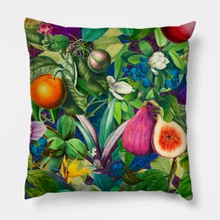 Vibrant tropical floral leaves and fruits floral illustration, botanical pattern, Purple Blue fruit pattern over a Pillow