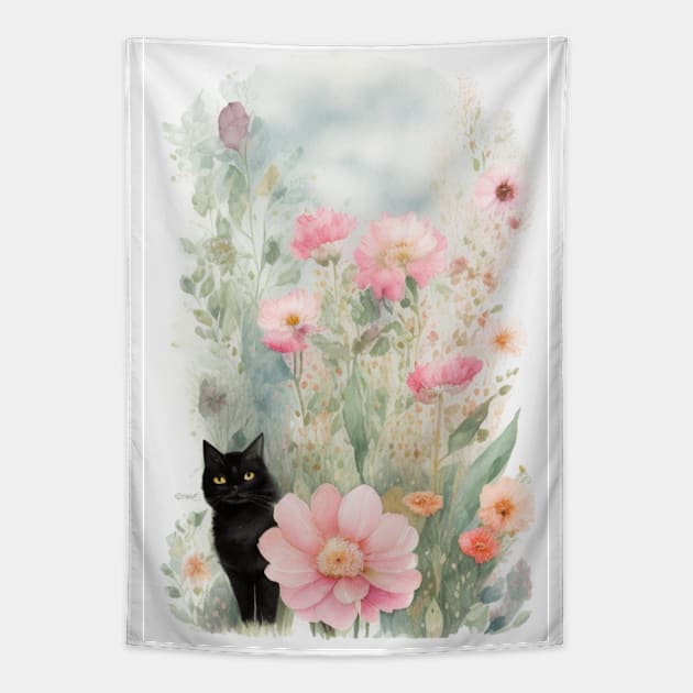 Black Cat  in the Flower Garden Soft Pastel Colours Tapestry by Stades