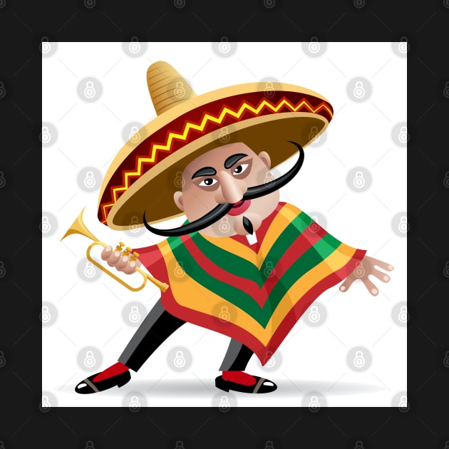 mexican musician in sombrero with trumpet drawn in cartoon style by devaleta