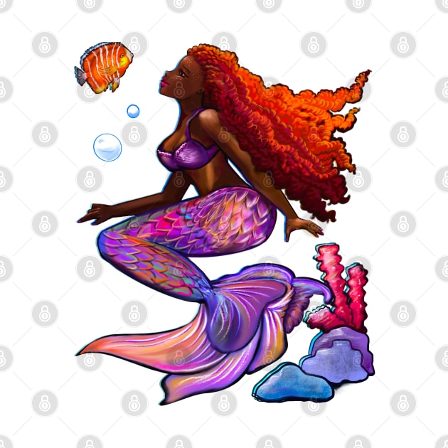 Beautiful Brown skin African American Mermaid. Black mermaid with flowing red hair. Afro locs. Great gift idea for mermaid lovers,Mermay,birthday gift for girls by Artonmytee