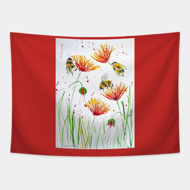 Bumble bees and Red and Yellow Flowers Tapestry by Casimirasquirkyart