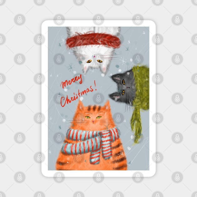 Merry Christmas greeting winter card with cute fluffy cats in red Santa hats and scarves. Magnet by Olena Tyshchenko