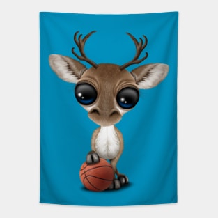 Cute Baby Reindeer Playing With Basketball Tapestry