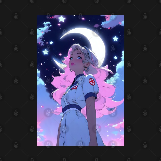 Anime nurse moon lover in night sky cresent moon stars by Spaceboyishere