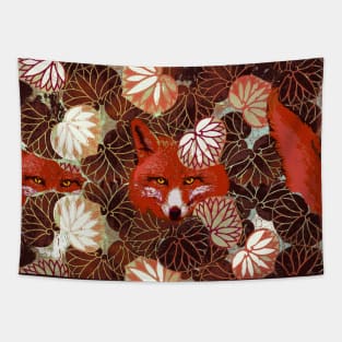 RED FOXES AMONG BROWN WHITE LEAVES AND FOLIAGE Tapestry