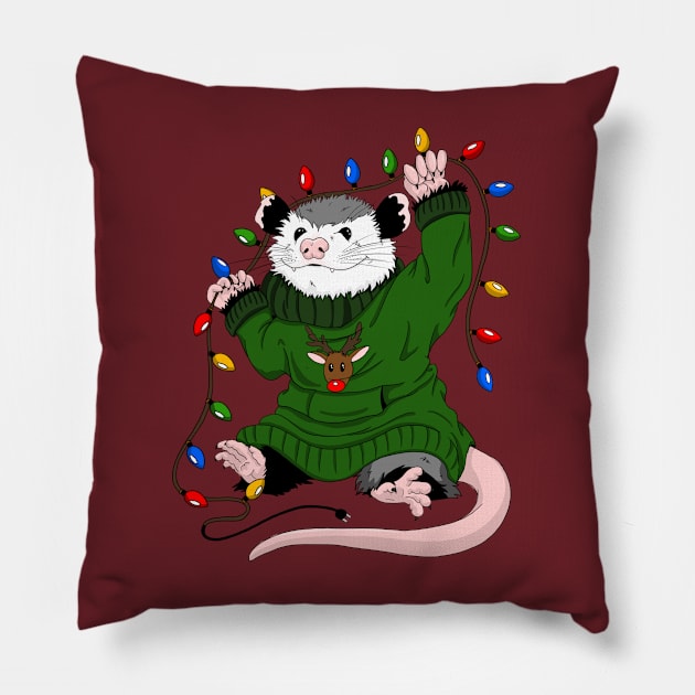 Opossum in Christmas sweater, assorting light bulbs Pillow by The Christmas Lady