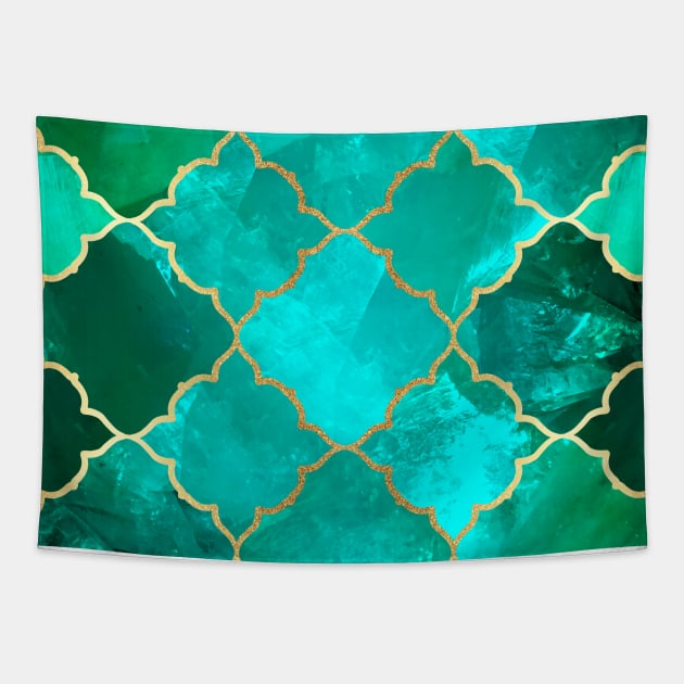 Green Quartz & Gold Moroccan Tile Pattern Tapestry by tanyadraws