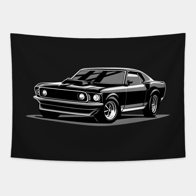 Ford Mustang gt boss 429 1969 illustration graphics Tapestry by ASAKDESIGNS