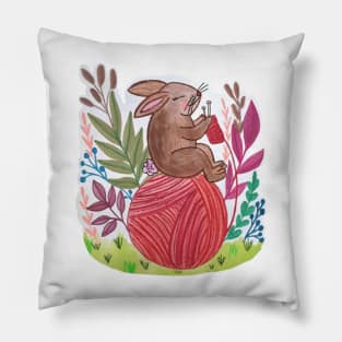 Rabbit Knitting on a ball of yarn Pillow