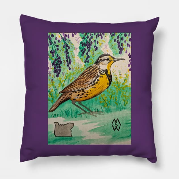 Oregon state bird and flower, the meadowlark and Oregon grape Pillow by Matt Starr Fine Art