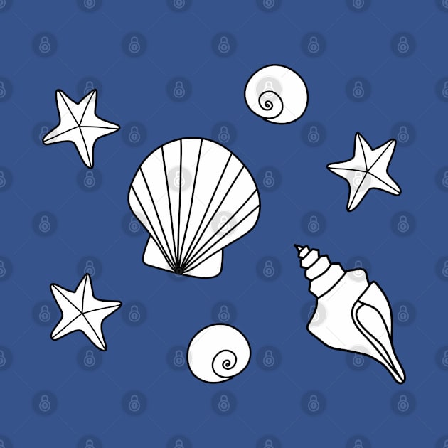 White Cartoon Seashells and Starfish Pattern on a Light Blue Backdrop, made by EndlessEmporium by EndlessEmporium