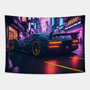 Dark Neon City Sports Car Tapestry