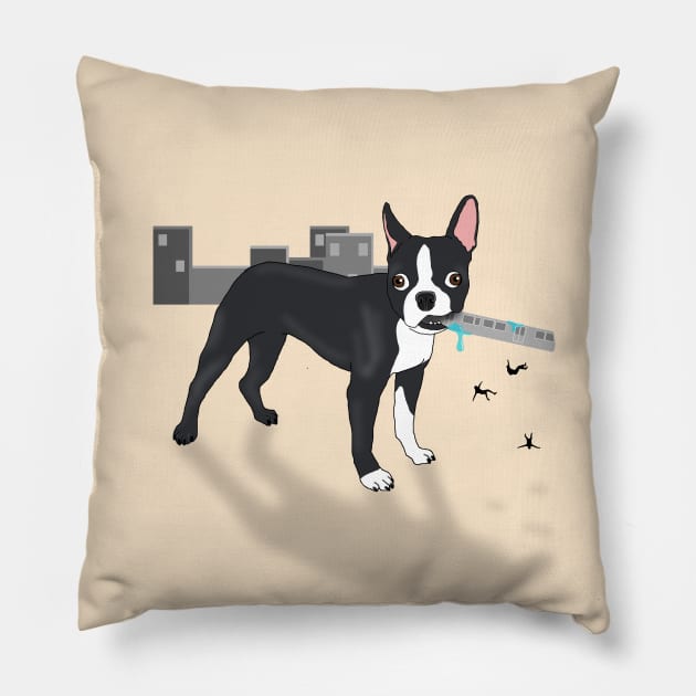 Attack of the Colossal Boston Terrier!!! Pillow by prettyinink