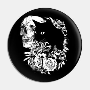 Skull and Black cat with peony, skeleton with flowers, black and white drawing Pin