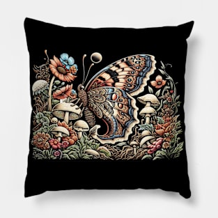 Moth in mystical mushroom flowered garden Pillow