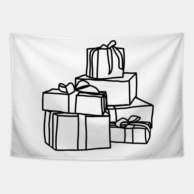 Pile of Wrapped Christmas Gift Boxes Line Drawing Tapestry by ellenhenryart