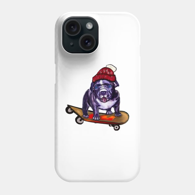 pit bull dog puppy skateboarding in a red beanie hat - cute funny blue line pittie with piercing blue eyes Phone Case by Artonmytee