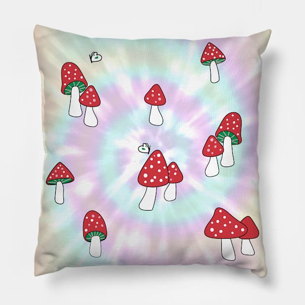 Aesthetic Red Hatted Mushrooms and Butterflies on a Rainbow Pastel Tie Dye Background Pillow by YourGoods