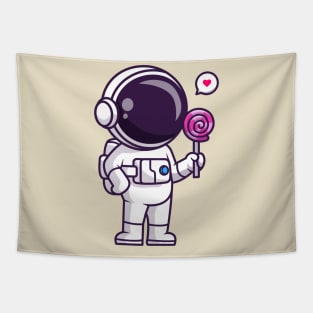 Cute Astronaut Eating Lollipop Candy Cartoon Tapestry