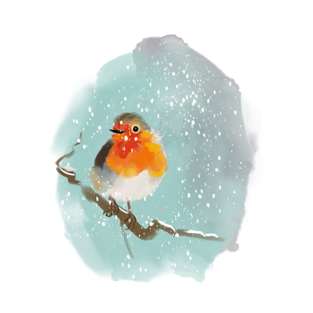 Robin on a tree branch in the snow by Orangerinka