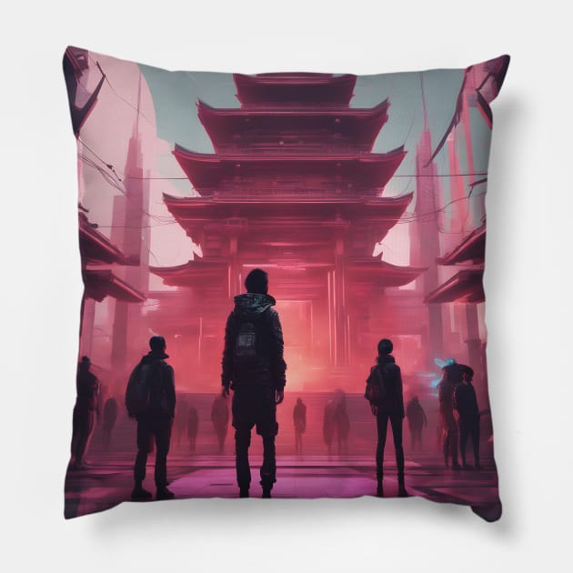 AI Generated Art | Cyberpunk Japanese Temple | Shrine Pillow by blue-koala