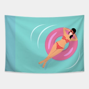 Girl floating on rubber ring Tapestry