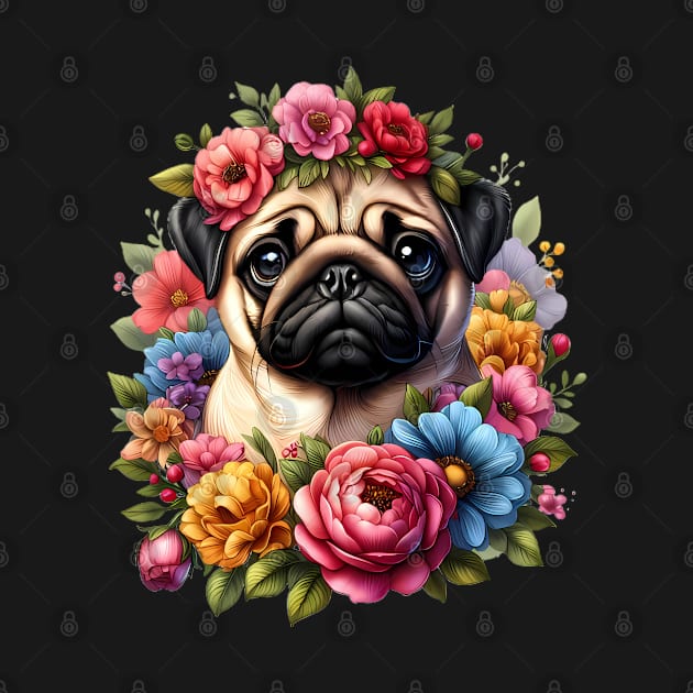 A pug decorated with beautiful colorful flowers. by CreativeSparkzz