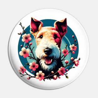 Wire Fox Terrier Joy in Spring with Cherry Blossoms and Flowers Pin