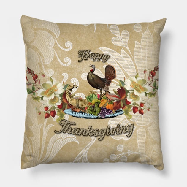 Happy Thanksgiving, with cute turkey, flowers and fruit Pillow by Nicky2342