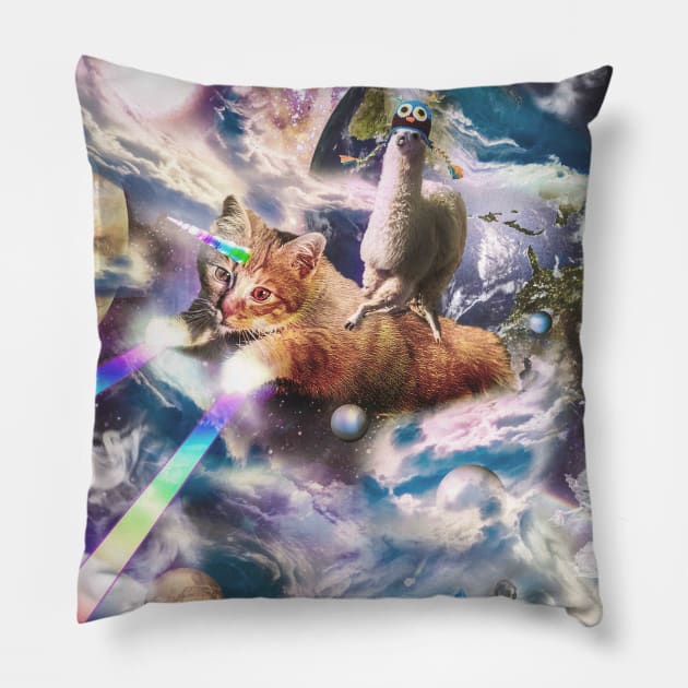 Llama On Rainbow Laser Cat Unicorn In Space Pillow by Random Galaxy