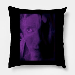 Portrait, digital collage, special processing. Weird and bizarre. Face of man, thinking about something. Violet and dim. Pillow