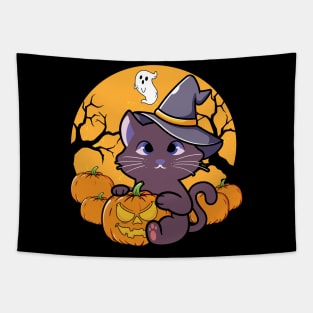 Halloween Cute Cat Pumpkin Witch Hat Tapestry