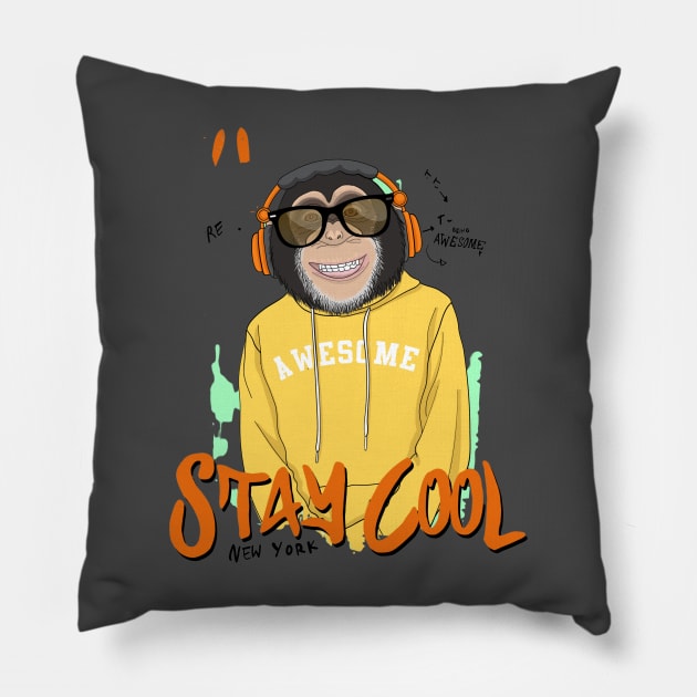 funny  cool monkey listen music Pillow by drydenshops