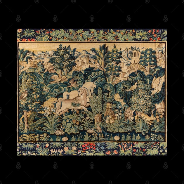 FANTASTIC ANIMALS AND HORSES IN WOODLAND Blue Green Ivory Antique French Tapestry by BulganLumini