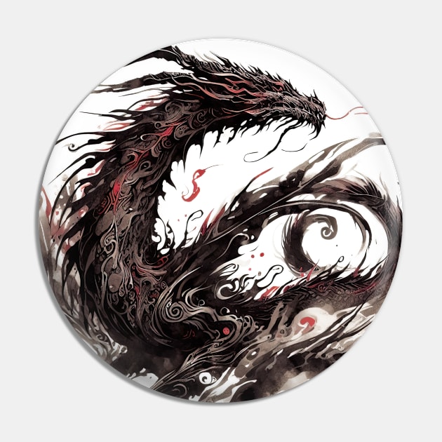 Japanese dragon painted in ink Pin by T-Shirt Paradise