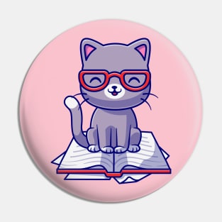 Cute Cat Sitting On Book Cartoon Pin