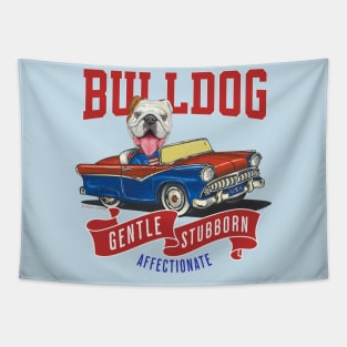 Cute and funny bulldog in a retro vintage car using red white and blue flags Tapestry