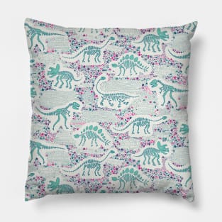 Dinosaur fossils pattern - aqua and pink on white Pillow