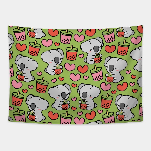 Cute Koala Bear Sipping Bubble Tea - Kawaii Boba Pattern Tapestry by BobaTeaMe