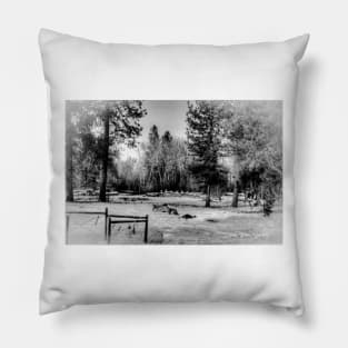 Snow Horses - Black And White Pillow